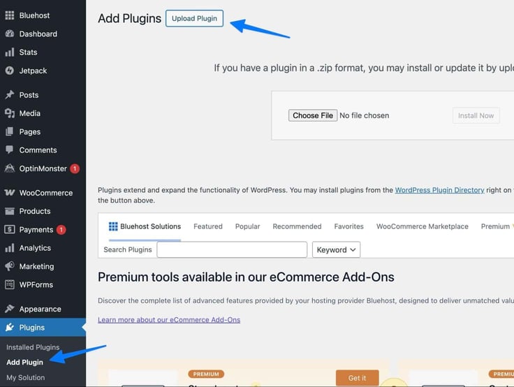Blue arrow pointing to "Upload Plugin" under Add Plugin side bar. 