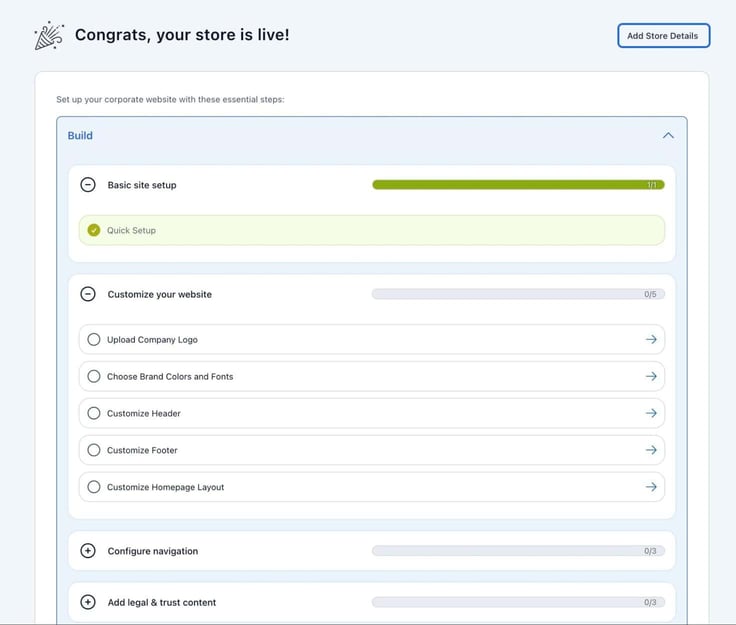 Notification window "Congrats, your store is live!" with a green check next to "Quick Setup"