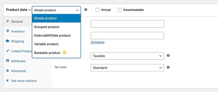 Product data dropdown box with "Simple product" selected. 