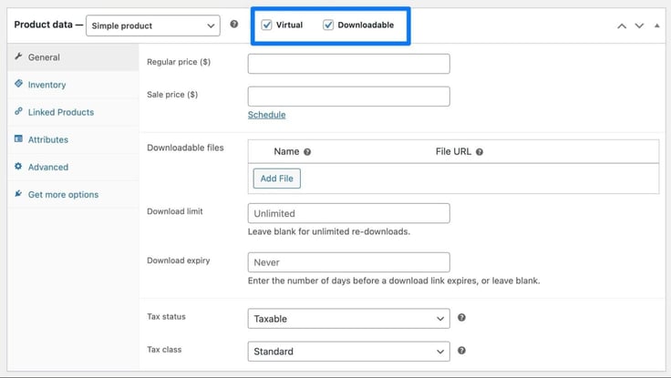 Blue box around Checked "Virtual" and "Downloadable"