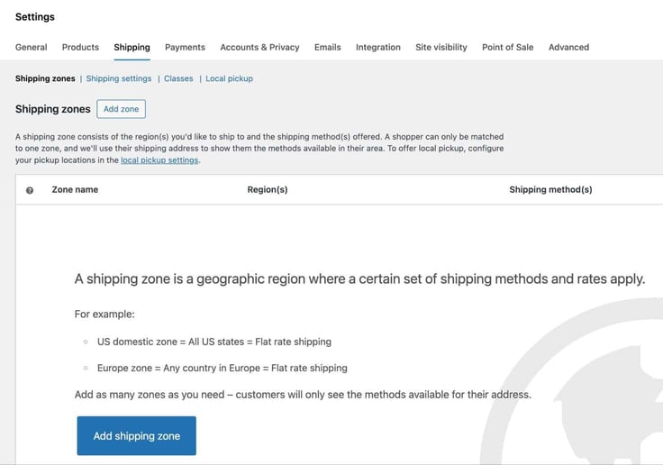 Settings page - Shipping - Shipping zones - "Add shipping zone" blue button