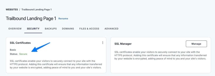 A blue arrow pointing to secure under SSL Certificates in "Security"