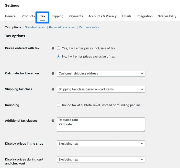 Blue box around "Tax" under "Settings" with Tax options