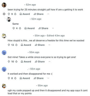 Reddit thread showing Dunkin' customers frustrated by app errors during the COFFEEISFREE promotion
