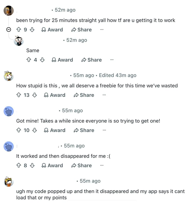 Reddit thread showing Dunkin' customers frustrated by app errors during the COFFEEISFREE promotion