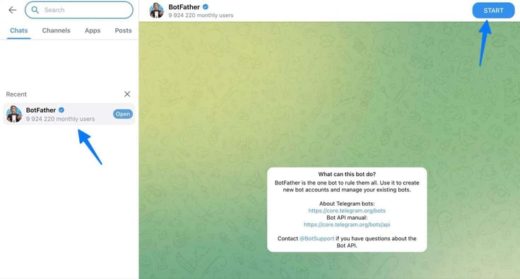 Telegram desktop app showing the official BotFather verified bot profile page with 9.9 million monthly users, blue arrows pointing to BotFather in the Recent chats list and the START button in the top right corner