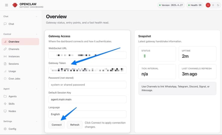 OpenClaw Gateway Dashboard web interface Overview page showing Gateway Access settings with WebSocket URL and Gateway Token fields highlighted by blue arrows, a Connect button also highlighted, and a Snapshot sidebar showing Status green, Uptime 2 minutes, and Last Channels Refresh 3 minutes ago