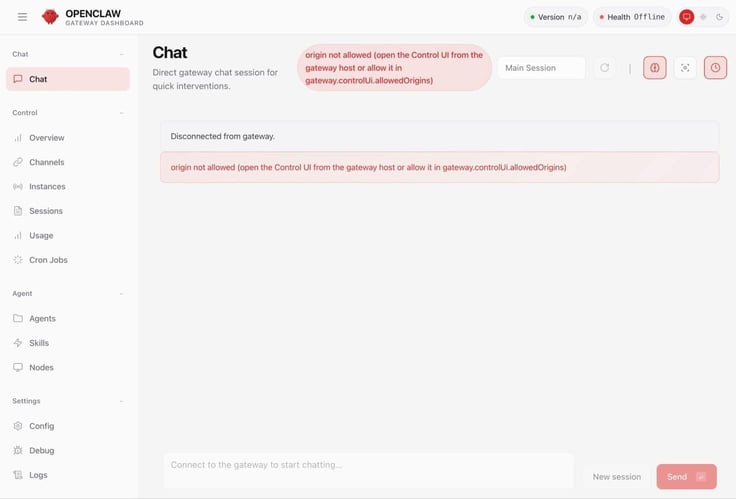 OpenClaw Gateway Dashboard Chat page showing a disconnected state with a red error tooltip and error message reading 'origin not allowed â open the Control UI from the gateway host or allow it in gateway.controlUi.allowedOrigins' with Health status showing Offline in the top right OpenClaw Gateway Dashboard Chat page showing a disconnected state with a red error tooltip and error message reading 'origin not allowed â open the Control UI from the gateway host or allow it in gateway.controlUi.allowedOrigins' with Health status showing Offline in the top right