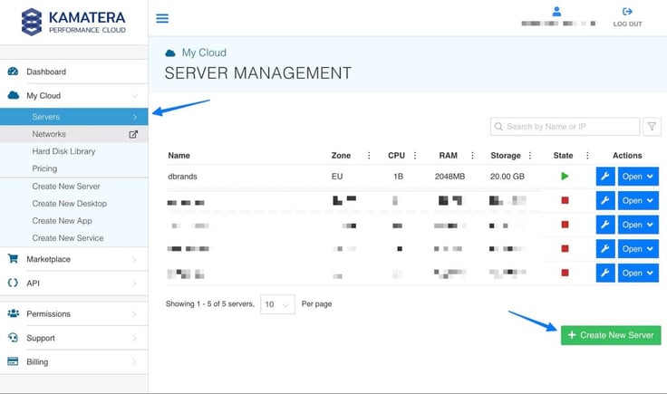Kamatera Performance Cloud portal Server Management page showing the full left navigation menu with the Servers option highlighted by a blue arrow under My Cloud, listing 5 servers including the active 'dbrands' EU server, with a second blue arrow pointing to the green Create New Server button