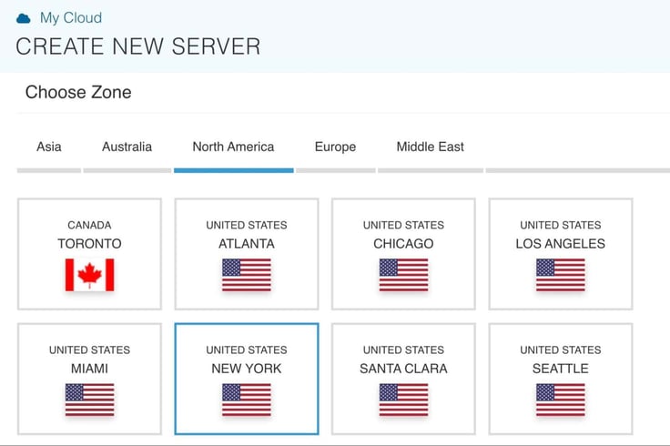 Kamatera Create New Server page showing the Choose Zone step with the North America tab selected, displaying eight location options â Toronto Canada, Atlanta, Chicago, Los Angeles, Miami, New York (selected with blue border), Santa Clara, and Seattle United States
