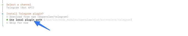 OpenClaw configure terminal showing the Install Telegram plugin prompt with the channel set to Telegram Bot API, and a blue arrow pointing to the 'Use local plugin path' option selected, pointing to the /usr/lib/node_modules/openclaw/dist/extensions/telegram directory