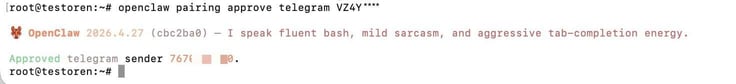 Linux terminal output showing the OpenClaw CLI command 'openclaw pairing approve telegram' with a successful 'Approved telegram sender' confirmation message displayed in green text on a dark background