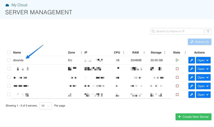 Kamatera My Cloud Server Management dashboard showing a list of 5 servers with the 'dbrands' server highlighted by a blue arrow, displaying EU zone, 1B CPU, 2048MB RAM, and 20GB storage with a green running state indicator