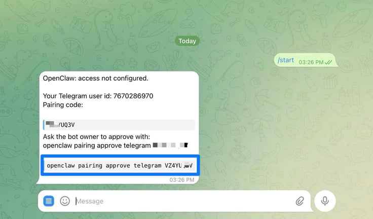 Telegram mobile app showing an OpenClaw bot response to the /start command displaying 'access not configured' with the user's Telegram user ID, a partially redacted pairing code ending in VZ4Y****, and the full 'openclaw pairing approve telegram' command highlighted in a blue box