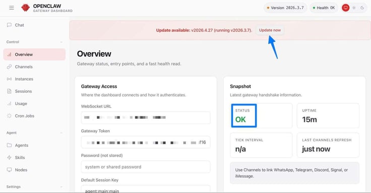 OpenClaw Gateway Dashboard Overview page showing version 2026.3.7 with Health OK status, a pink update available banner for v2026.4.27 highlighted by a blue arrow pointing to the Update now button, Gateway Access section showing WebSocket URL and Gateway Token fields, and Snapshot sidebar showing STATUS OK highlighted in blue with 15 minutes uptime