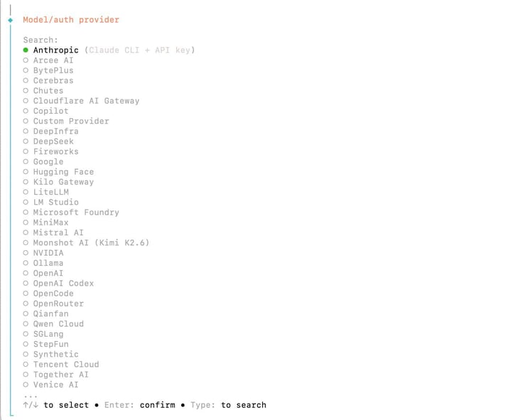 OpenClaw configure terminal showing the full Model/auth provider selection list with Anthropic (Claude CLI + API key) selected in green at the top, followed by a long alphabetical list of alternative providers including Arcee AI, BytePlus, DeepSeek, Google, OpenAI, Ollama, and many others