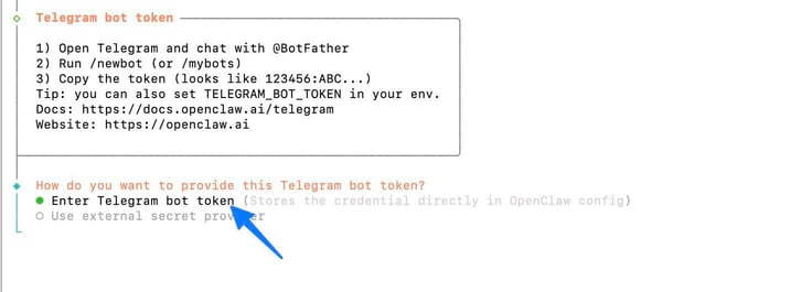 OpenClaw configure terminal showing the Telegram bot token setup instructions panel with steps to obtain a token from @BotFather, and a blue arrow pointing to the 'Enter Telegram bot token' option selected in green, which stores the credential directly in the OpenClaw config OpenClaw configure terminal showing the Telegram bot token setup instructions panel with steps to obtain a token from @BotFather, and a blue arrow pointing to the 'Enter Telegram bot token' option selected in green, which stores the credential directly in the OpenClaw config