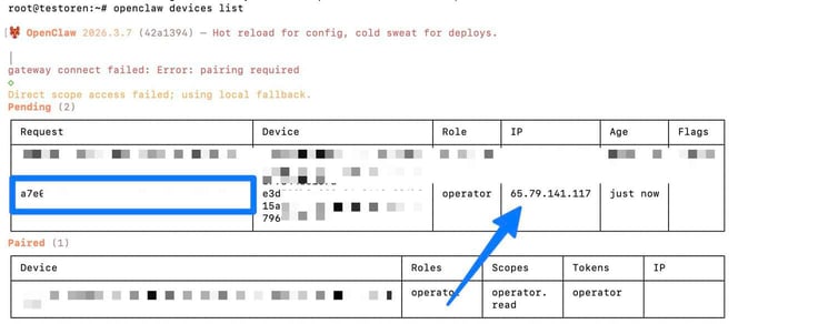Linux terminal showing the 'openclaw devices list' command output for OpenClaw version 2026.3.7, displaying a Pending devices table with a request ID 'a7e0' highlighted in a blue box, operator role, IP address 65.79.141.117 with a blue arrow pointing to it, and a Paired devices table below showing one approved operator device