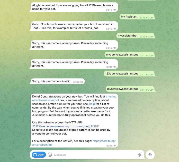 Telegram mobile app showing a full BotFather conversation flow for creating a new bot named My Assistant, with multiple failed username attempts including myassistantbot, myopenclawassistantbot, and 123openclawassistantbot, before successfully creating mynewclawassistantbot and receiving the HTTP API token