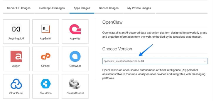 Kamatera Create New Server Apps Images tab showing the OpenClaw app selected from a grid of available applications, with the right panel displaying the OpenClaw description as an open-source autonomous AI personal assistant, a Choose Version dropdown highlighted by a blue arrow showing 'openclaw_latest-ubuntuserver-24.04' selected