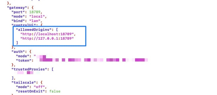 OpenClaw openclaw.json config file terminal output showing the gateway section with port 18789, mode local, bind lan, and the controlUi allowedOrigins array highlighted in a blue box containing http://localhost:18789 and http://127.0.0.1:18789, followed by auth token and tailscale mode off settings