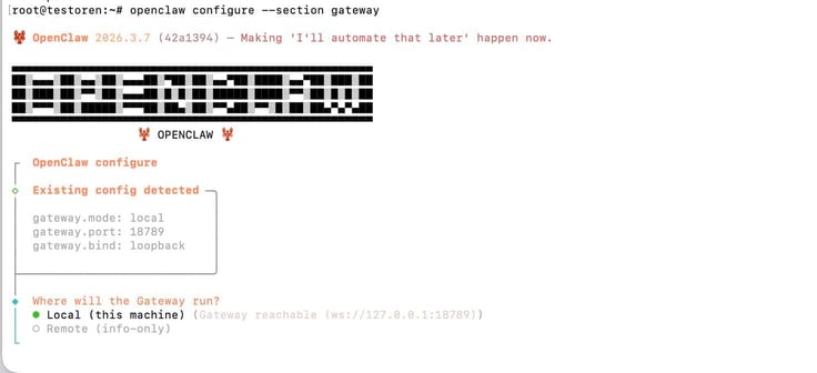 OpenClaw configure terminal showing the 'openclaw configure --section gateway' command output with the OpenClaw lobster ASCII art banner, version 2026.3.7, existing config detected showing loopback gateway settings, and the Where will the Gateway run prompt with Local (this machine) selected in green
