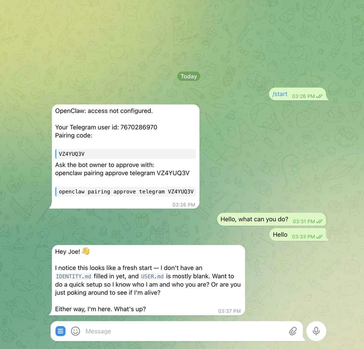 Telegram mobile app showing a full OpenClaw bot conversation starting with a /start pairing code message showing code VZ4YUQ3V and the approve command, followed by successful chat responses where the bot greets Joe, references missing IDENTITY.md and USER.md files, and asks what the user needs