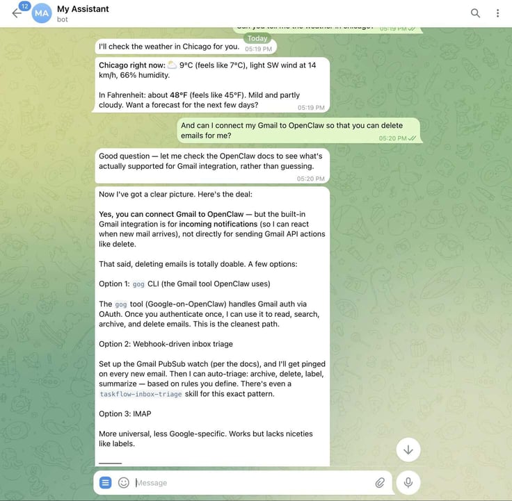 Telegram mobile app showing an OpenClaw My Assistant bot conversation where the user asks about Chicago weather and Gmail integration, with the bot responding with current Chicago weather at 9Â°C and a detailed explanation of three Gmail connection options: gog CLI, Webhook-driven inbox triage, and IMAP
