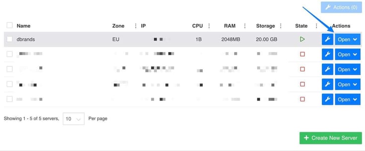 Kamatera Server Management list view showing 5 servers with the 'dbrands' server row highlighted at the top showing EU zone, 1B CPU, 2048MB RAM, 20GB storage, and a blue arrow pointing to the Actions button in the top right