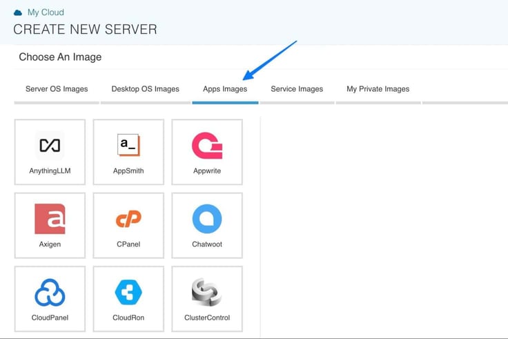 Kamatera Create New Server Choose An Image page showing the Apps Images tab selected and highlighted by a blue arrow, with a grid of available application images including AnythingLLM, AppSmith, Appwrite, Axigen, CPanel, Chatwoot, CloudPanel, CloudRon, and ClusterControl