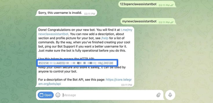 Telegram mobile app showing a close-up of the BotFather success message after creating the mynewclawassistantbot, with the partially redacted HTTP API token beginning with 853150 highlighted in a blue box, along with the t.me/mynewclawassistantbot link and a security reminder to keep the token safe Telegram mobile app showing a close-up of the BotFather success message after creating the mynewclawassistantbot, with the partially redacted HTTP API token beginning with 853150 highlighted in a blue box, along with the t.me/mynewclawassistantbot link and a security reminder to keep the token safe