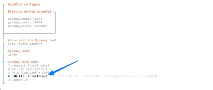 OpenClaw configure terminal wizard showing gateway settings with a blue arrow pointing to the Gateway bind mode selection set to LAN (All interfaces), binding to 0.0.0.0 and accessible from anywhere on the network, with Loopback, Tailnet, Auto, and Custom IP as alternative options