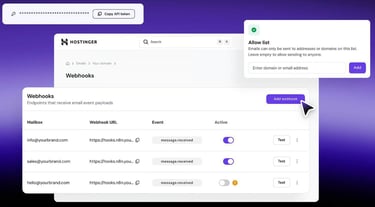Screenshot of Hostinger's email webhook dashboard showing multiple email addresses connected to webhook URLs, event triggers, status toggles, and testing controls
