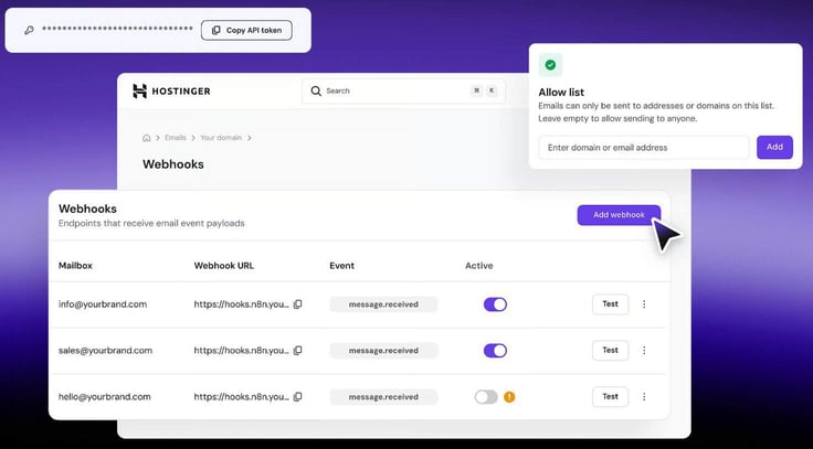 Screenshot of Hostinger's email webhook dashboard showing multiple email addresses connected to webhook URLs, event triggers, status toggles, and testing controls Screenshot of Hostinger's email webhook dashboard showing multiple email addresses connected to webhook URLs, event triggers, status toggles, and testing controls
