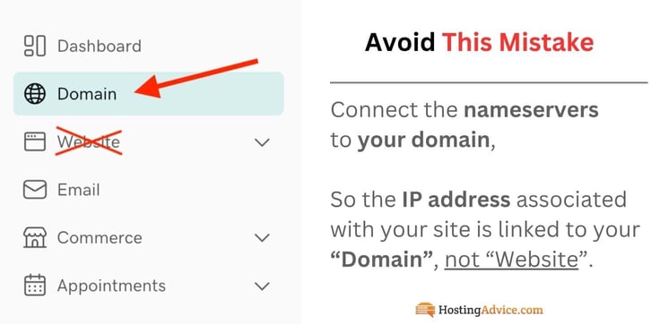 Red arrow pointing to Domain in side bar and X'd out 