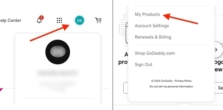 Red arrow pointing to profile icon and second arrow pointing to "My Products" 