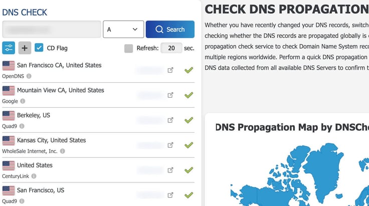 Source: DNSChecker showing "Check DNS Propagation" map for the USA