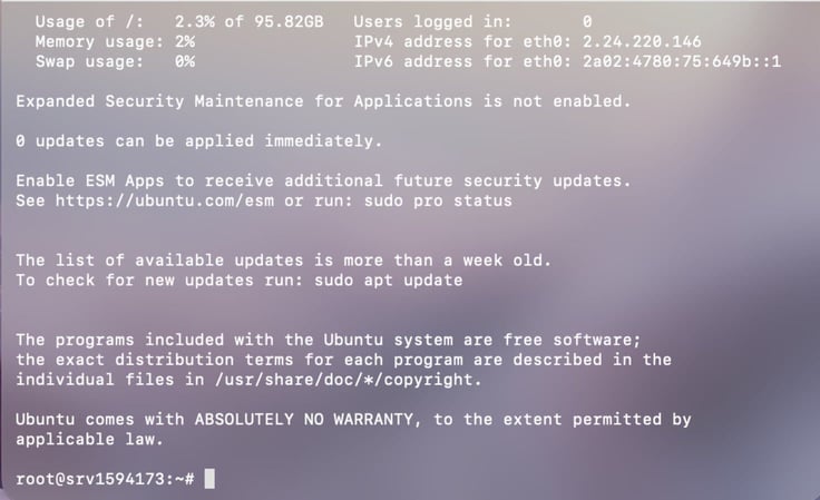 Ubuntu VPS server terminal login screen showing system stats including 2.3% disk usage of 95.82GB, 2% memory usage, 0% swap, IPv4 address 2.24.220.146, IPv6 address, zero updates available, and an active root shell prompt for server root Ubuntu VPS server terminal login screen showing system stats including 2.3% disk usage of 95.82GB, 2% memory usage, 0% swap, IPv4 address 2.24.220.146, IPv6 address, zero updates available, and an active root shell prompt for server root