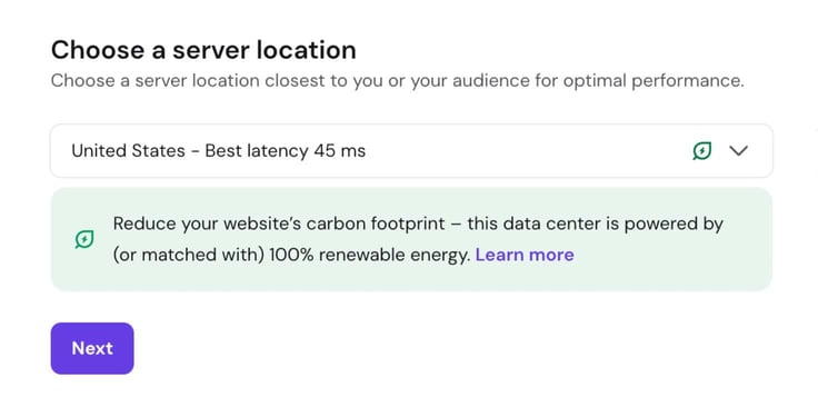 Hostinger VPS setup Choose a Server Location page showing United States selected with best latency of 45ms, a green eco-friendly banner noting the data center runs on 100% renewable energy, and a purple Next button below Hostinger VPS setup Choose a Server Location page showing United States selected with best latency of 45ms, a green eco-friendly banner noting the data center runs on 100% renewable energy, and a purple Next button below