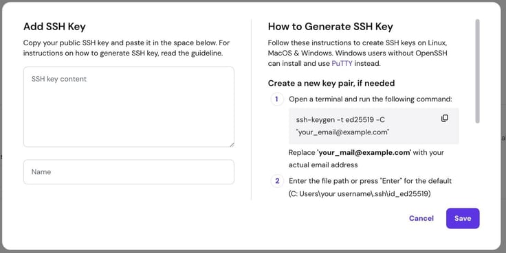 Hostinger VPS Add SSH Key modal dialog showing an SSH key content textarea and Name field on the left, and step-by-step instructions on the right for generating an SSH key pair using the ssh-keygen command with ed25519 encryption, with Cancel and purple Save buttons at the bottom Hostinger VPS Add SSH Key modal dialog showing an SSH key content textarea and Name field on the left, and step-by-step instructions on the right for generating an SSH key pair using the ssh-keygen command with ed25519 encryption, with Cancel and purple Save buttons at the bottom