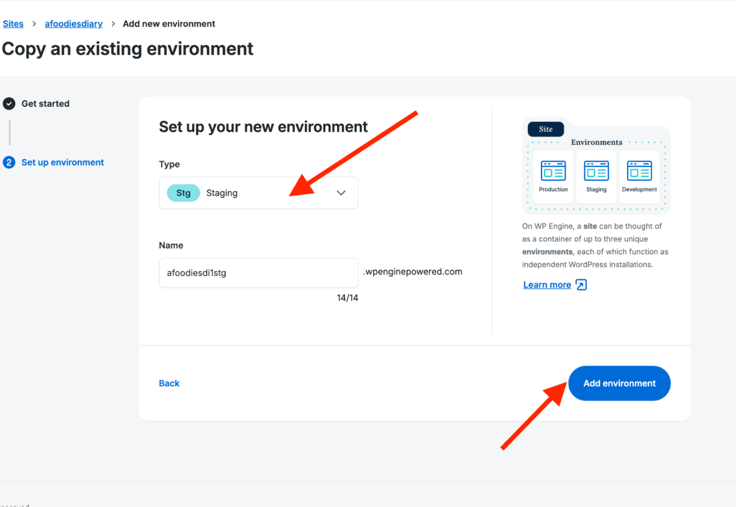 Red arrow pointing to dropdown "Stg Staging" menu under set up your new environment and a second arrow pointing to "Add environment" blue button