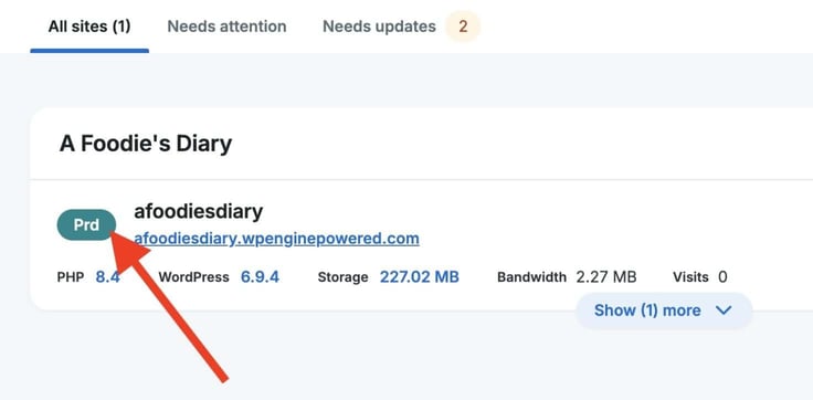 Red arrow pointing to Prd next to selected site domain under My Sites