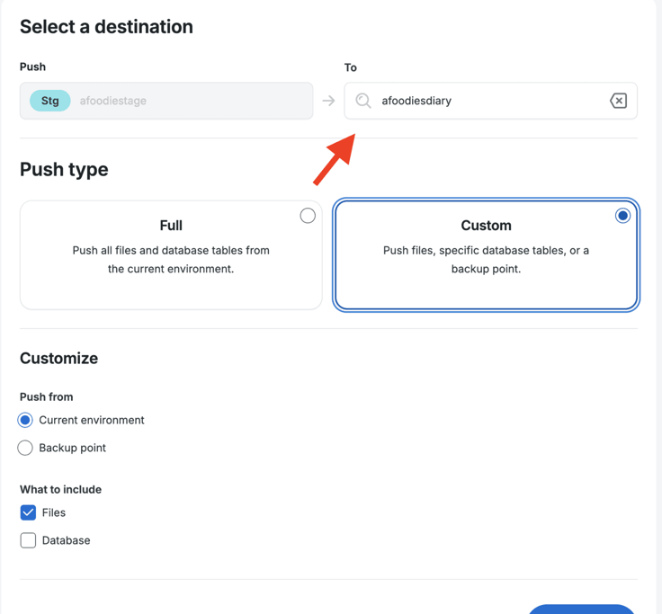 Under select a destination, "Custom" selected and red arrow pointing to "afoodiesdiary" in text field. 