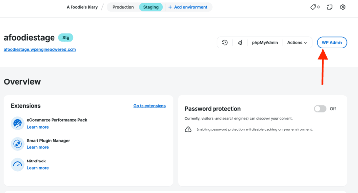 Red arrow pointing to "WP Admin" button on the far right side 