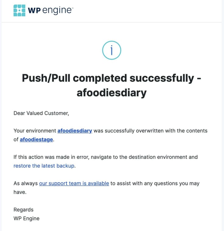 Notification window on WP engine showing "Push/Pull completed successfully - afoodiesdiary"