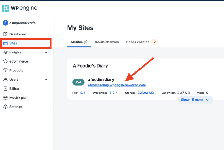 Red box around sites on left menu under WP Engine and red arrow pointed to My Sites domain URL