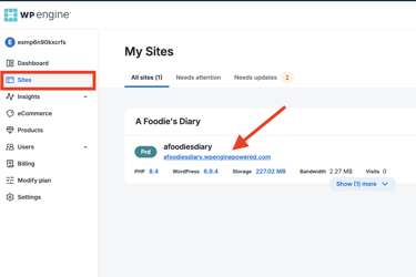 Red box around sites on left menu under WP Engine and red arrow pointed to My Sites domain URL Red box around sites on left menu under WP Engine and red arrow pointed to My Sites domain URL