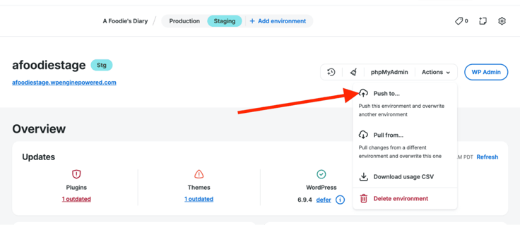 Red arrow pointing to the Actions dropdown menu, showing "Push to..." 