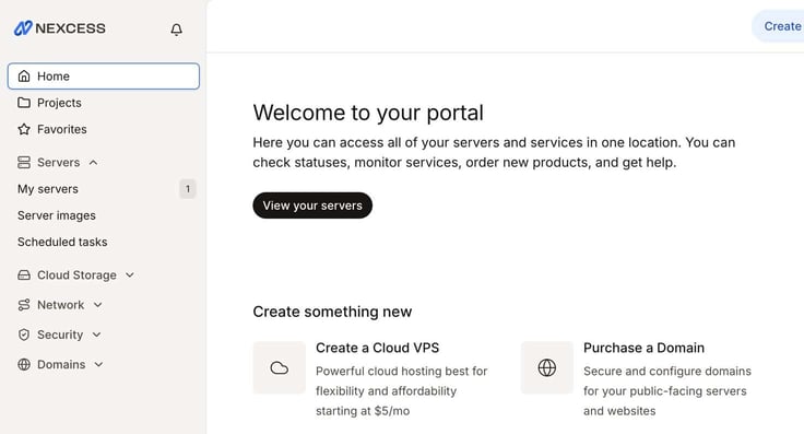 Nexcess client portal welcome dashboard showing the left navigation menu with Home highlighted, My servers showing 1 active server, and the main content area displaying 'Welcome to your portal' with a View Your Servers button and options to Create a Cloud VPS starting at $5/mo or Purchase a Domain