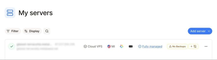 Liquid Web My Servers dashboard showing one active Cloud VPS server with a green checkmark status indicator, located in Michigan (MI), running Interworx control panel, labeled as Fully Managed with a No Backups warning badge and an Add Server button in the top right